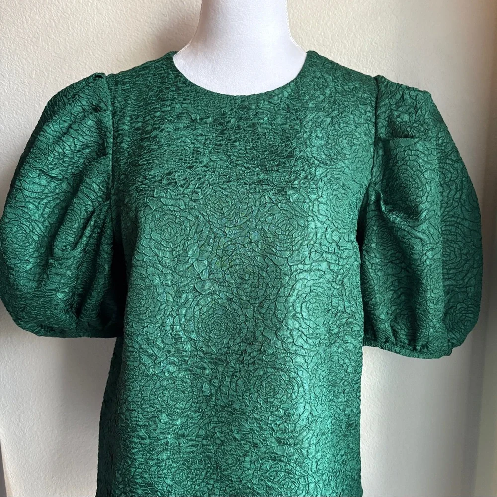 Tuckernuck Hyacinth House Green Noelle Jacquard Puff Sleeve Blouse S
